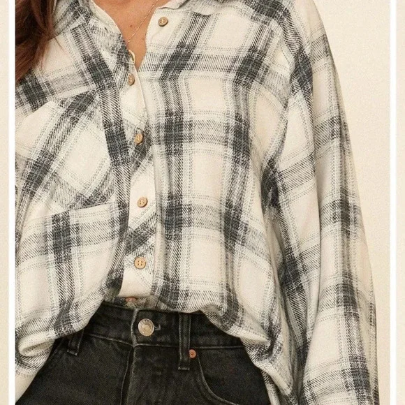 Plaid Button Up Shirt Oversized Flannel Transition Fall Casual White Blue Small - Picture 4 of 8